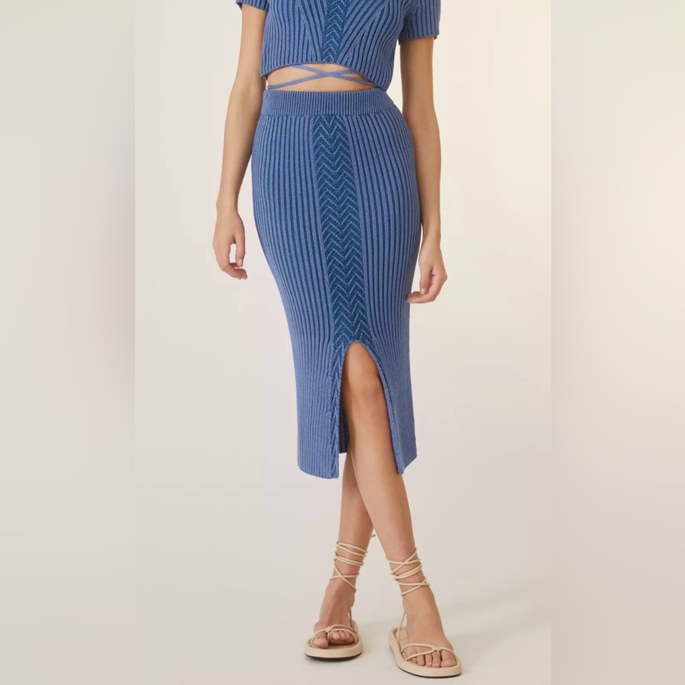Anthropologie Knit Midi Skirt blue green cable knit‎ ribbed front slit sz M